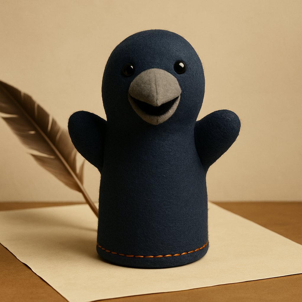 Wise Raven puppet resting on parchment with a quill
